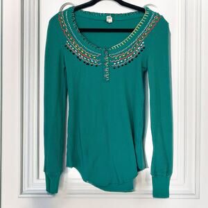 WE THE FREE FP Embroidered Waffle Thermal Long Sleeve Top in Green Size M